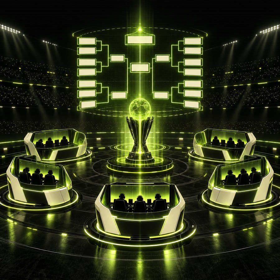 Six glowing team pods arranged in a circle with a holographic bracket rising in the center