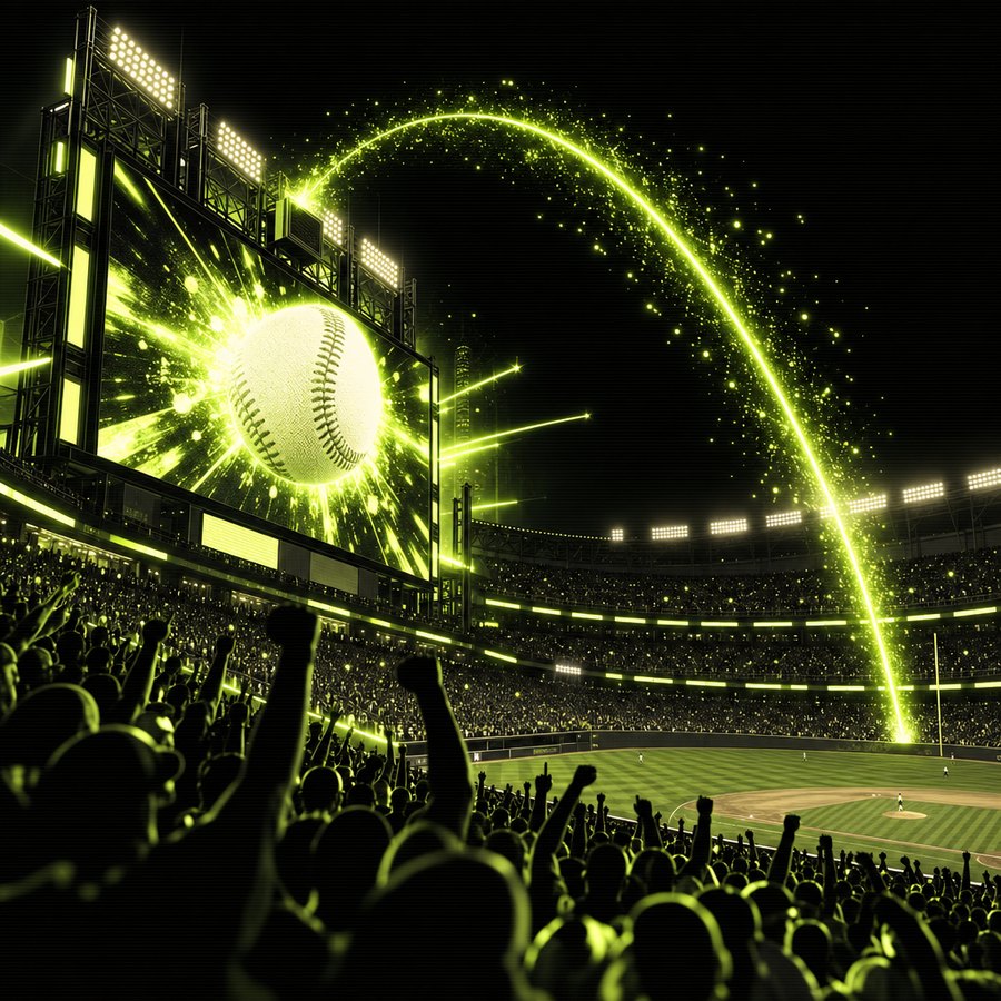 A stadium scoreboard erupting in lime green light with a home run arc of sparks